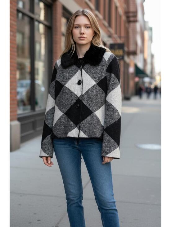 Jackets & Blazers - Cynthia Rowley Black and Gray Checkered Wool Blend Jacket with Faux Fur Collar